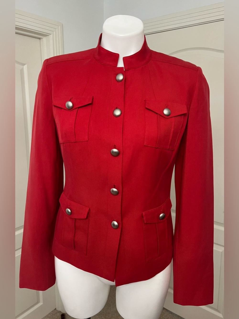 Structured Red Military-Style Women's Blazer Jacket